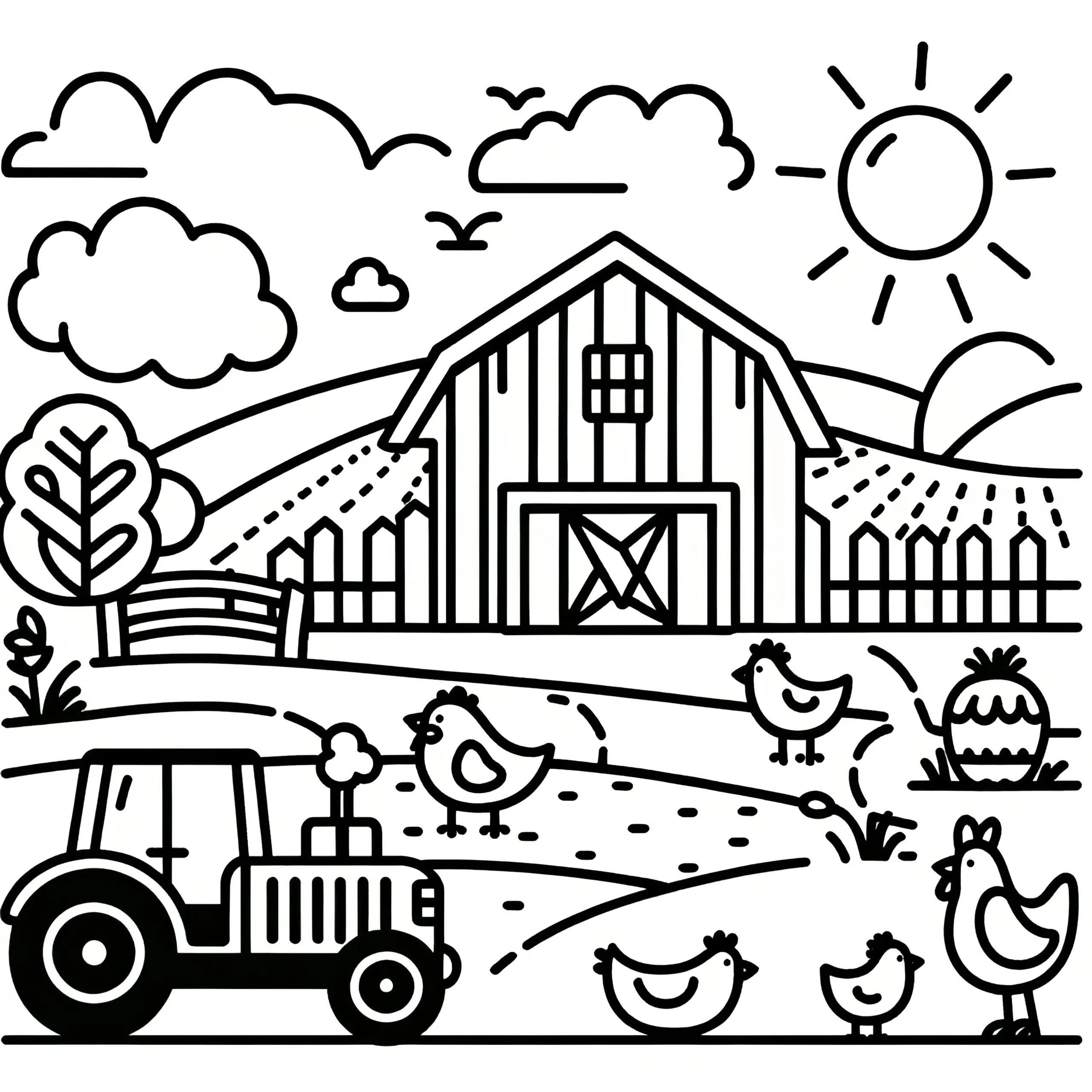 Bauernhof: Einfache Malvorlage für Kinder (Kostenlos) (Ausmalbild)