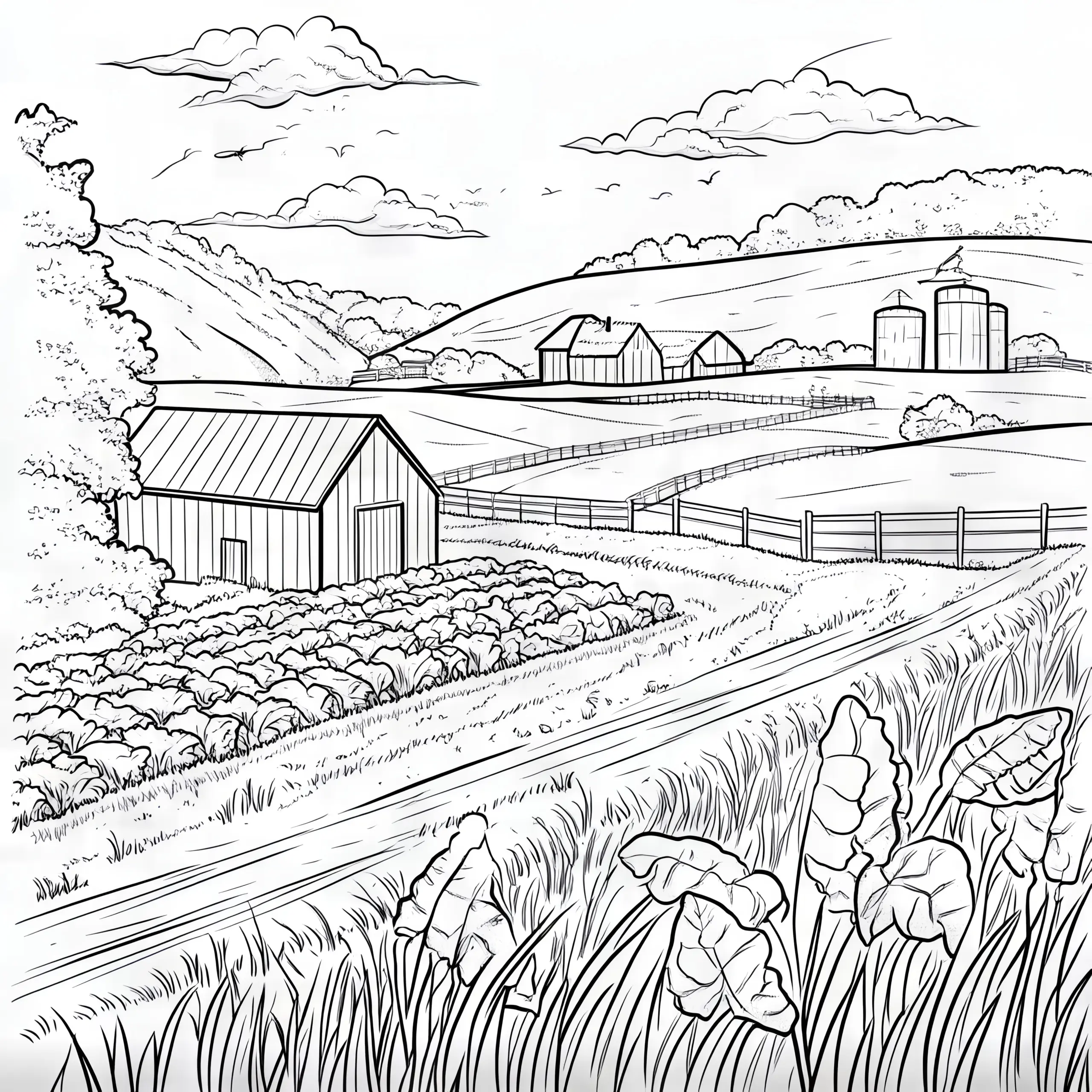 Bauernhof mit Feldern: Landschaft als Ausmalbild (Gratis)