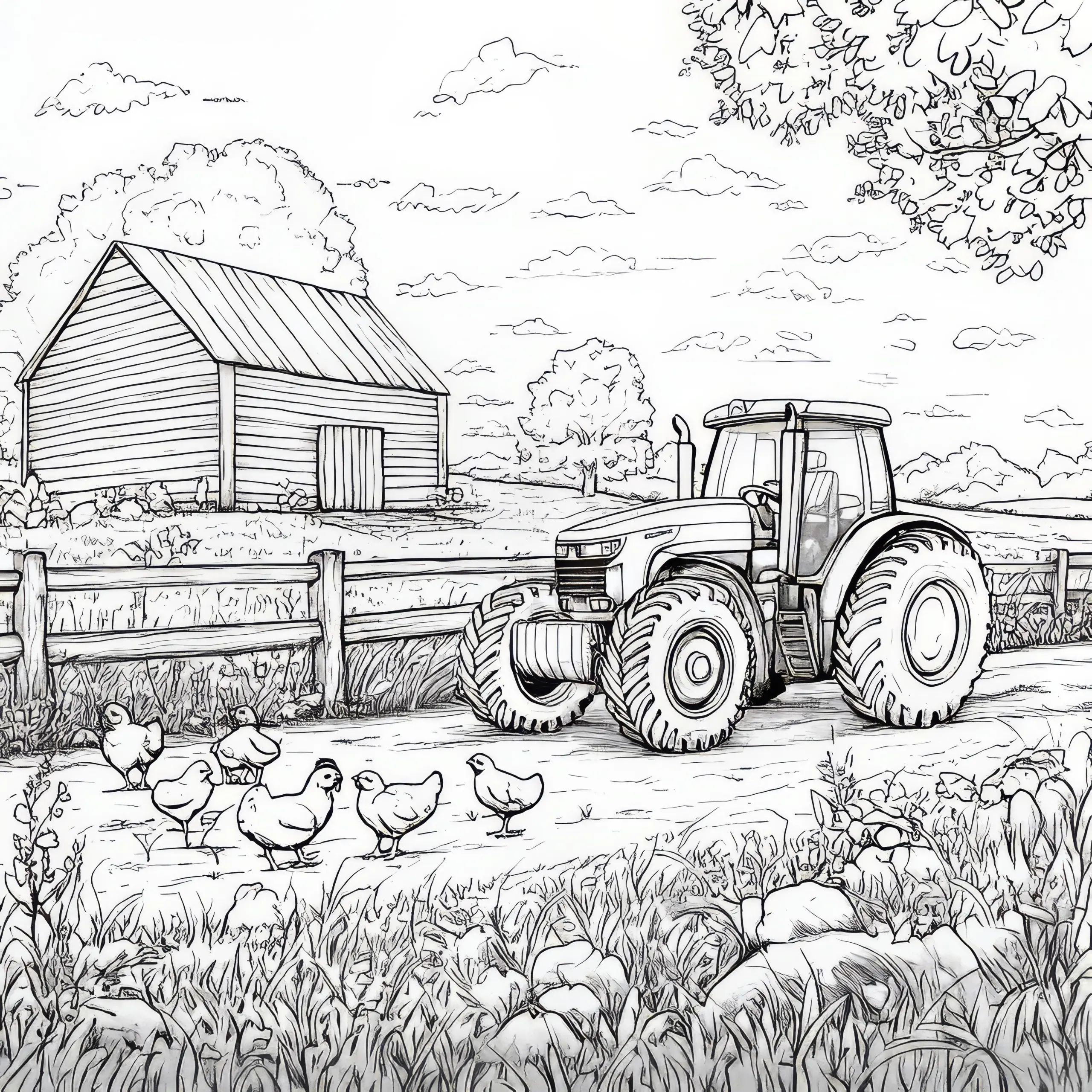Bauernhof Malvorlage: Traktor auf Feldweg mit Hühnern und Scheune (Gratis) (Ausmalbild)