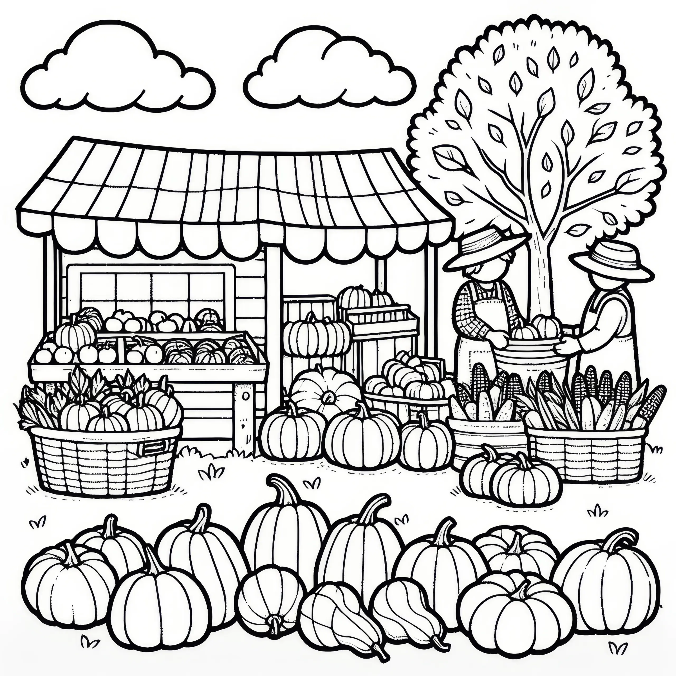 Bauernmarkt mit Kürbissen im September: Malvorlage zum Herunterladen (Kostenlos) (Ausmalbild)