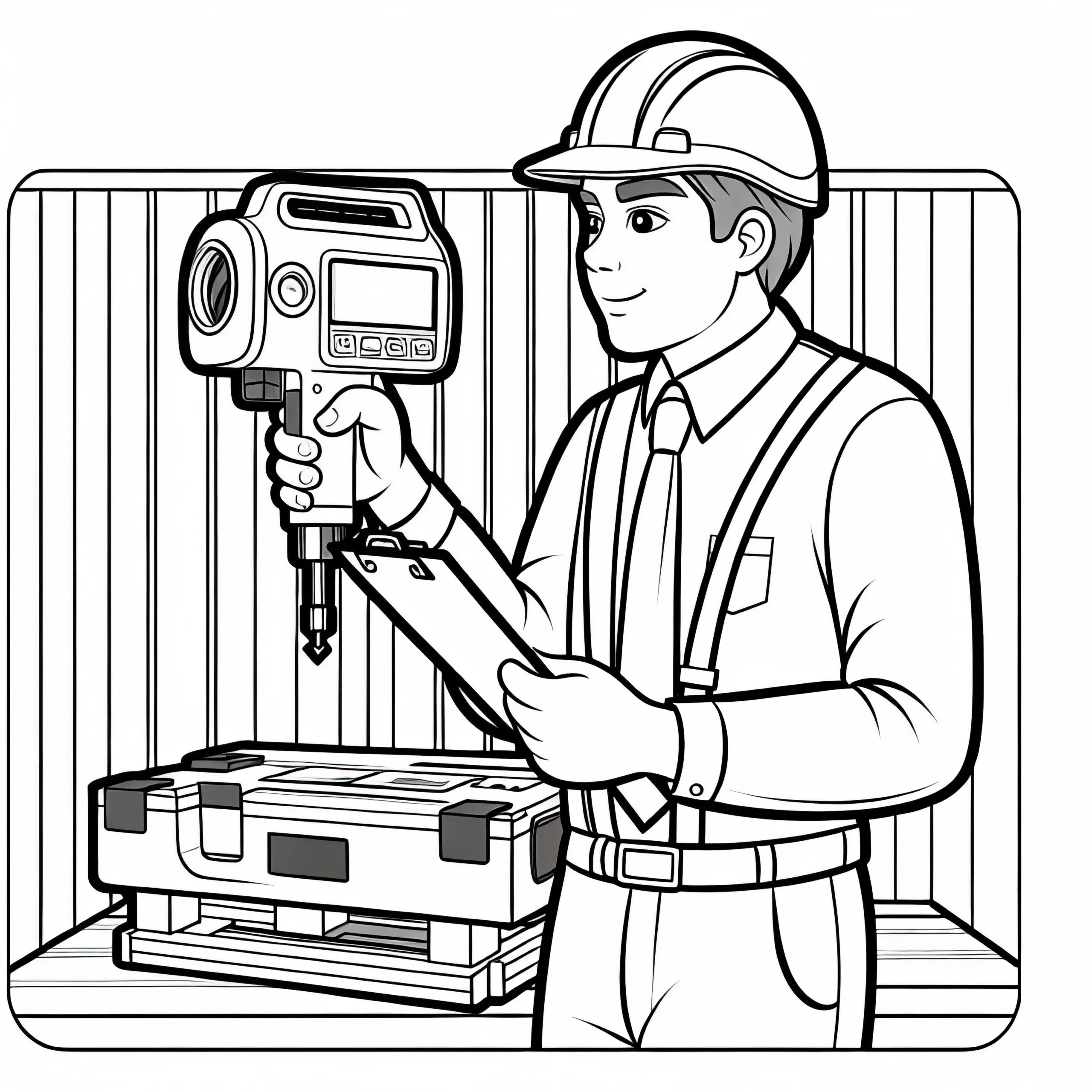 Bauingenieur misst mit Laser-Messgerät – Malvorlage kostenlos (Ausmalbild)