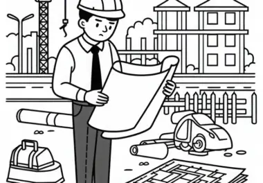 Bauingenieur überprüft Baupläne auf Baustelle – Malvorlage gratis