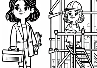 Bauingenieurin mit Schutzhelm auf Baugerüst – Malvorlage kostenlos