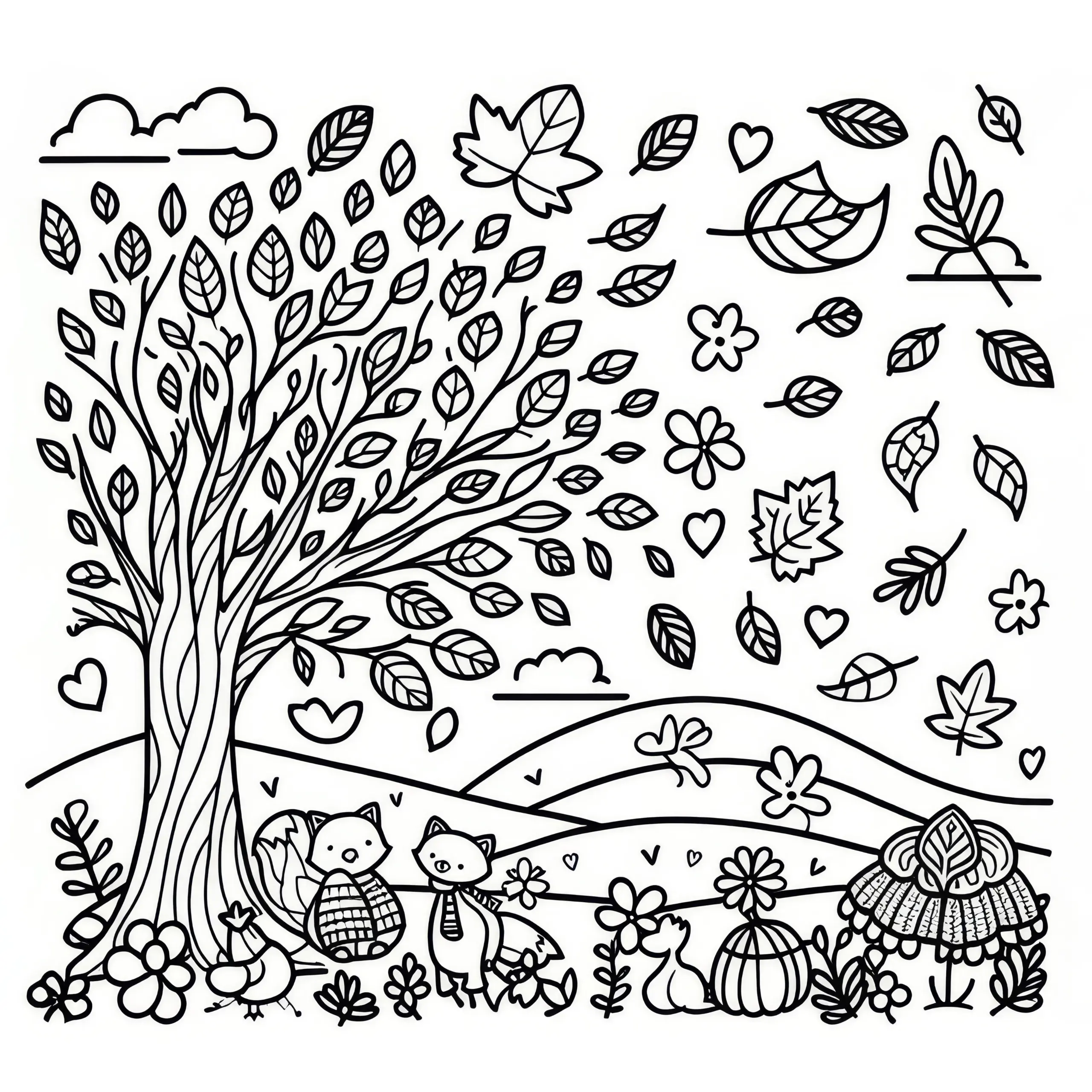 Baum mit Blättern im Wind: Einfache Malvorlage zum Erntedankfest (Kostenlos) (Ausmalbild)