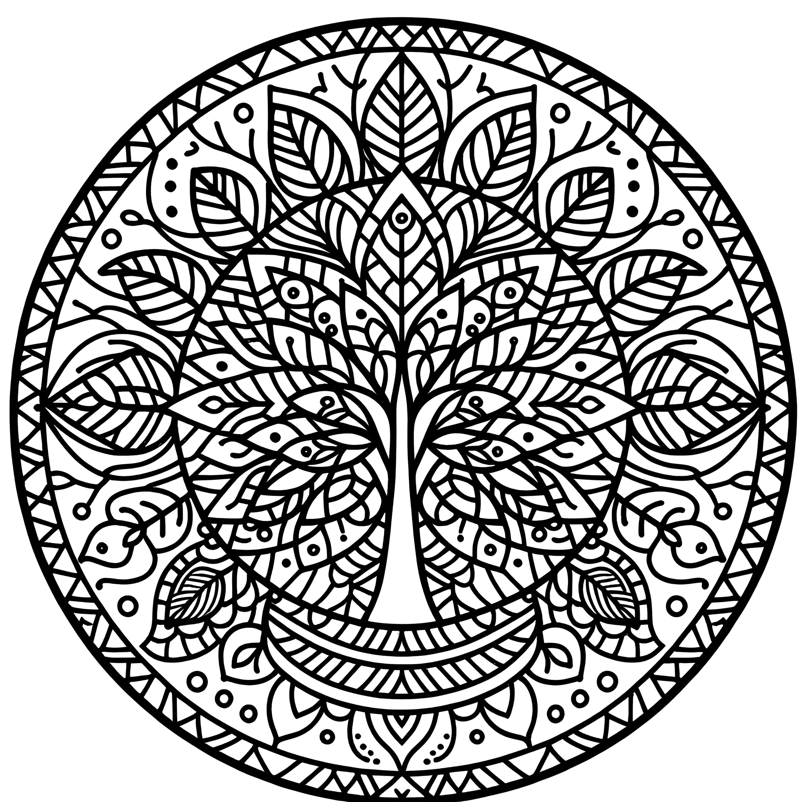 Baum-Mandala komplex: Bild zum ausmalen (kostenlos) (Ausmalbild)