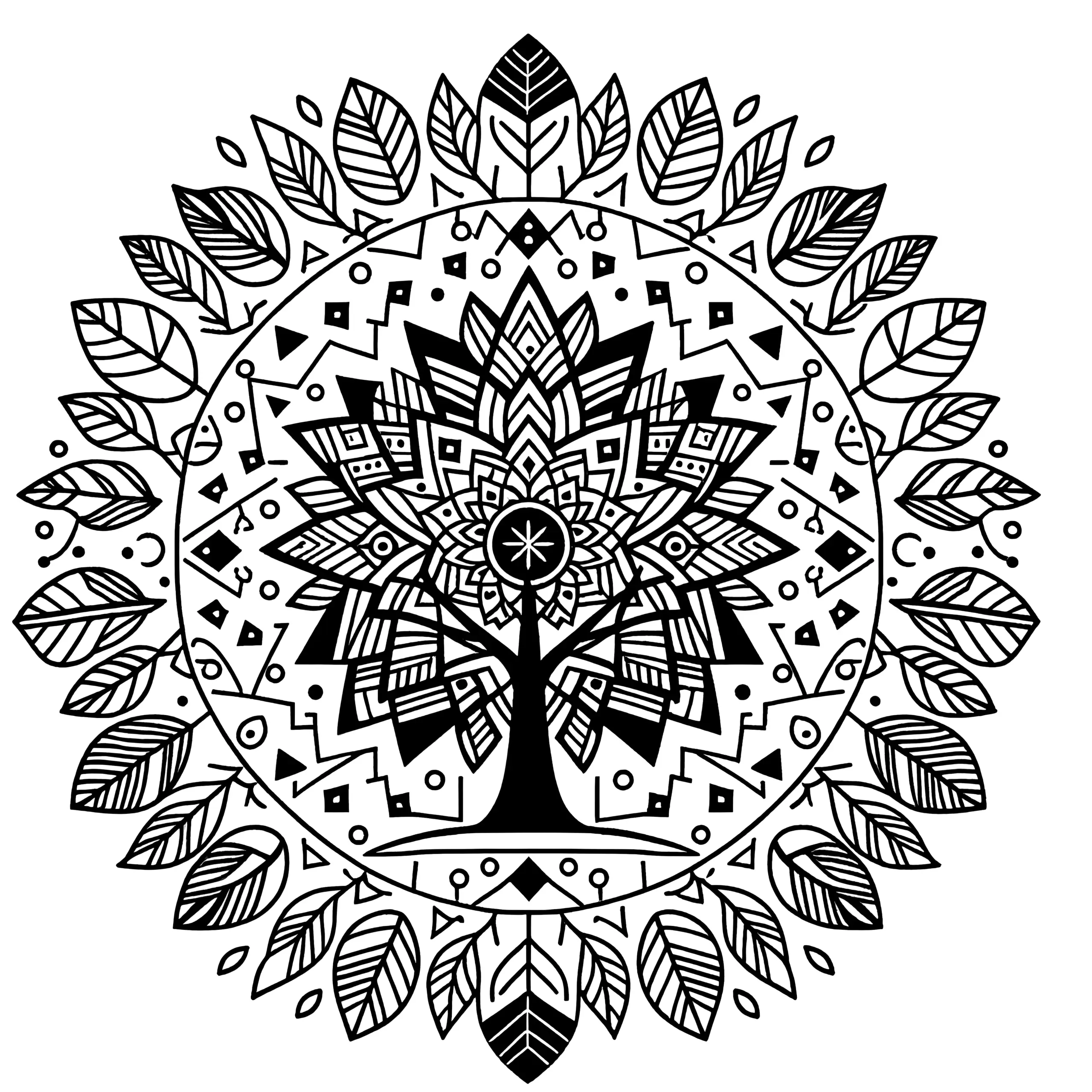 Baum-Mandala: Malvorlage mit Baum und Blättern zum Download (Ausmalbild)