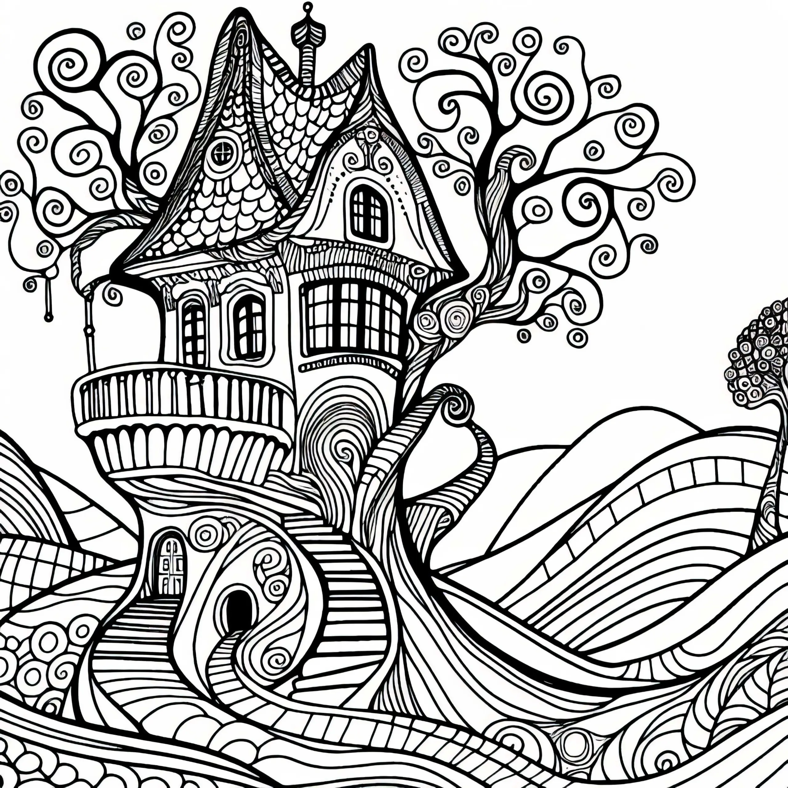 Baumhaus mit verschlungenen Wegen im Stil von Friedensreich Hundertwasser: Kostenloses Ausmalbild