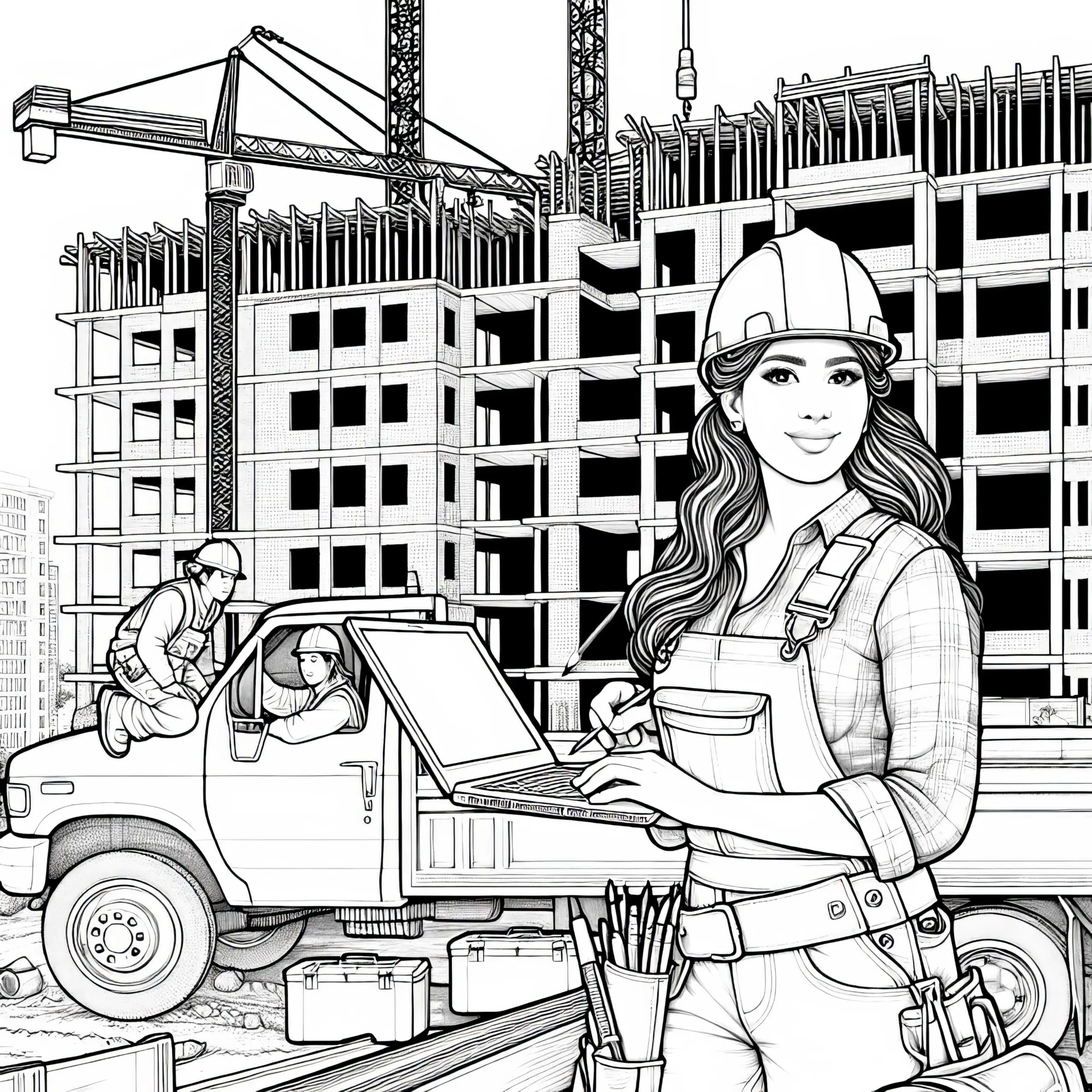 Baustelle beim Bau eines Hochhauses mit Bauarbeitern – Ausmalbild kostenlos