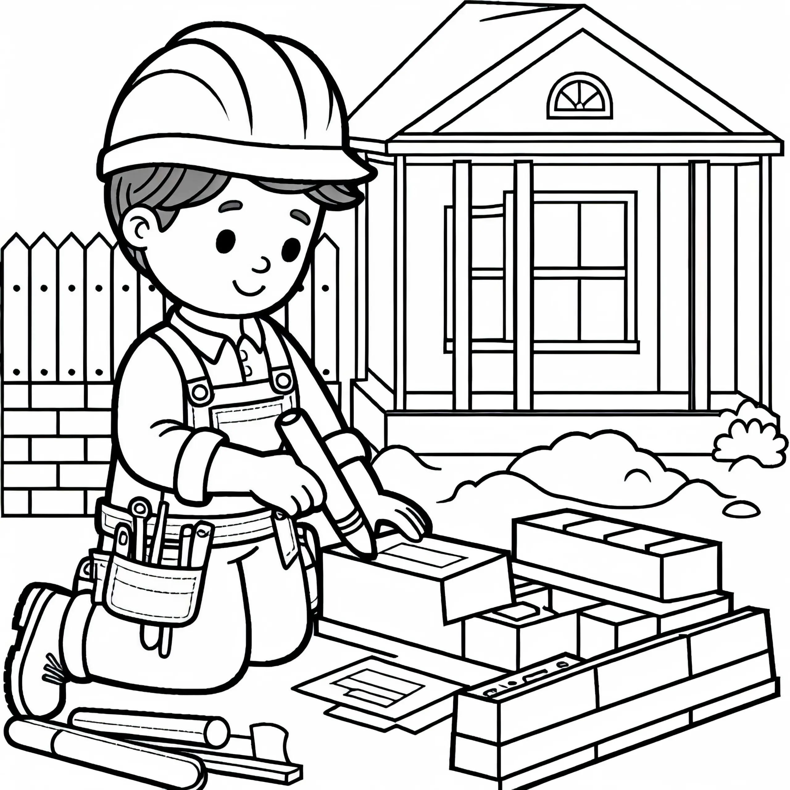 Baustelle beim Hausbau mit Bauarbeitern – Malvorlage Einfach Kostenlos (Ausmalbild)