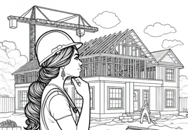 Baustelle beim Hausbau mit Bauarbeiterin – Malvorlage detailreich kostenlos