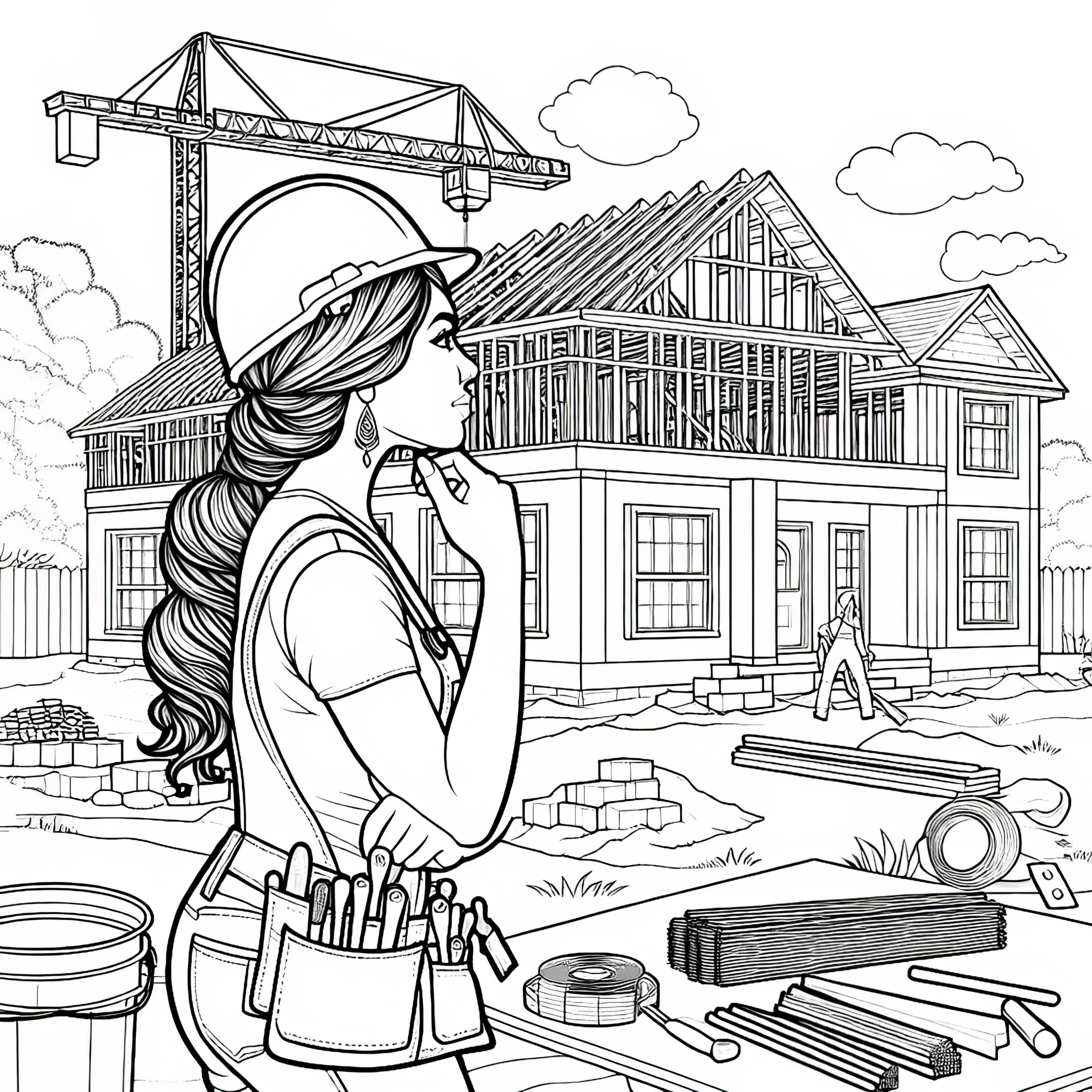 Baustelle beim Hausbau mit Bauarbeiterin – Malvorlage detailreich kostenlos (Ausmalbild)