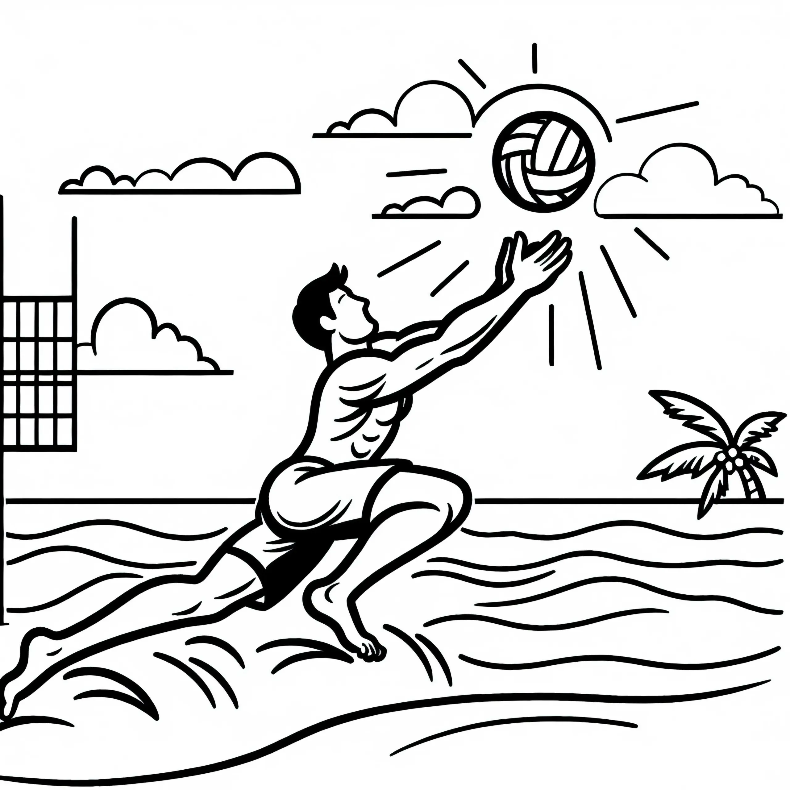 Beachvolleyball-Spieler wirft sich in den Sand – Malvorlage kostenlos (Ausmalbild)