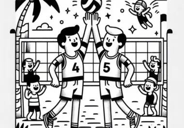 Beachvolleyball-Team klatscht sich ab – Ausmalbild einfach und gratis