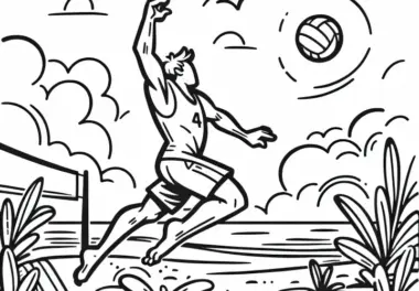 Beachvolleyballspieler springt im Sand – Ausmalbild kostenlos