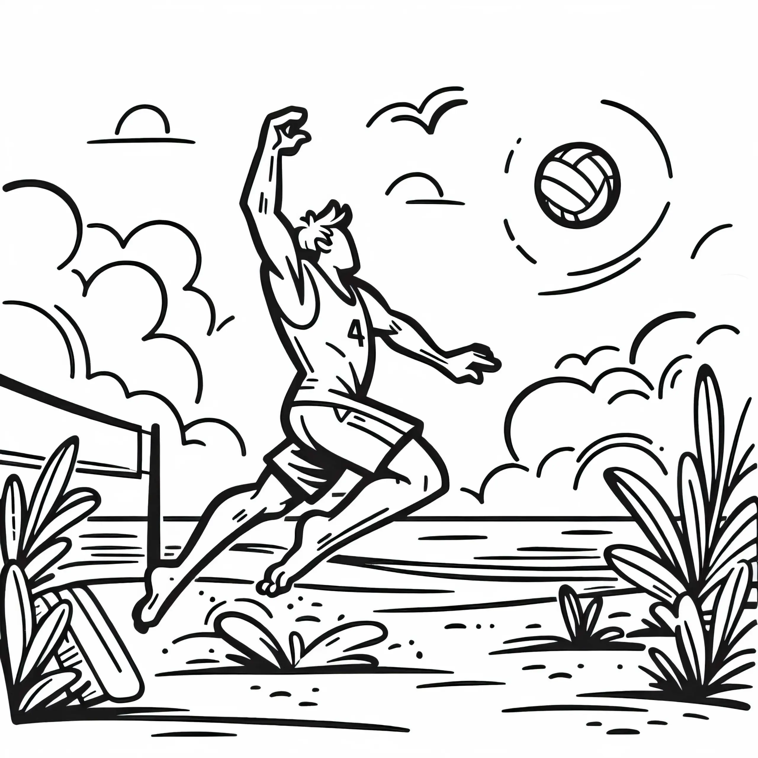 Beachvolleyballspieler springt im Sand – Ausmalbild kostenlos