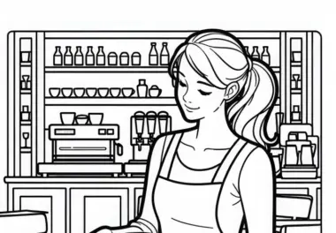 Bedienung im Café – Ausmalbild kostenlos herunterladen