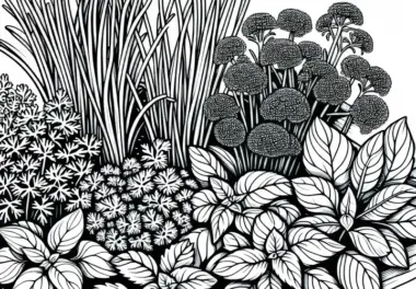 Ausmalbild eines Beets mit Schnittlauch, Petersilie und Basilikum im Kräutergarten – Kostenlos herunterladen