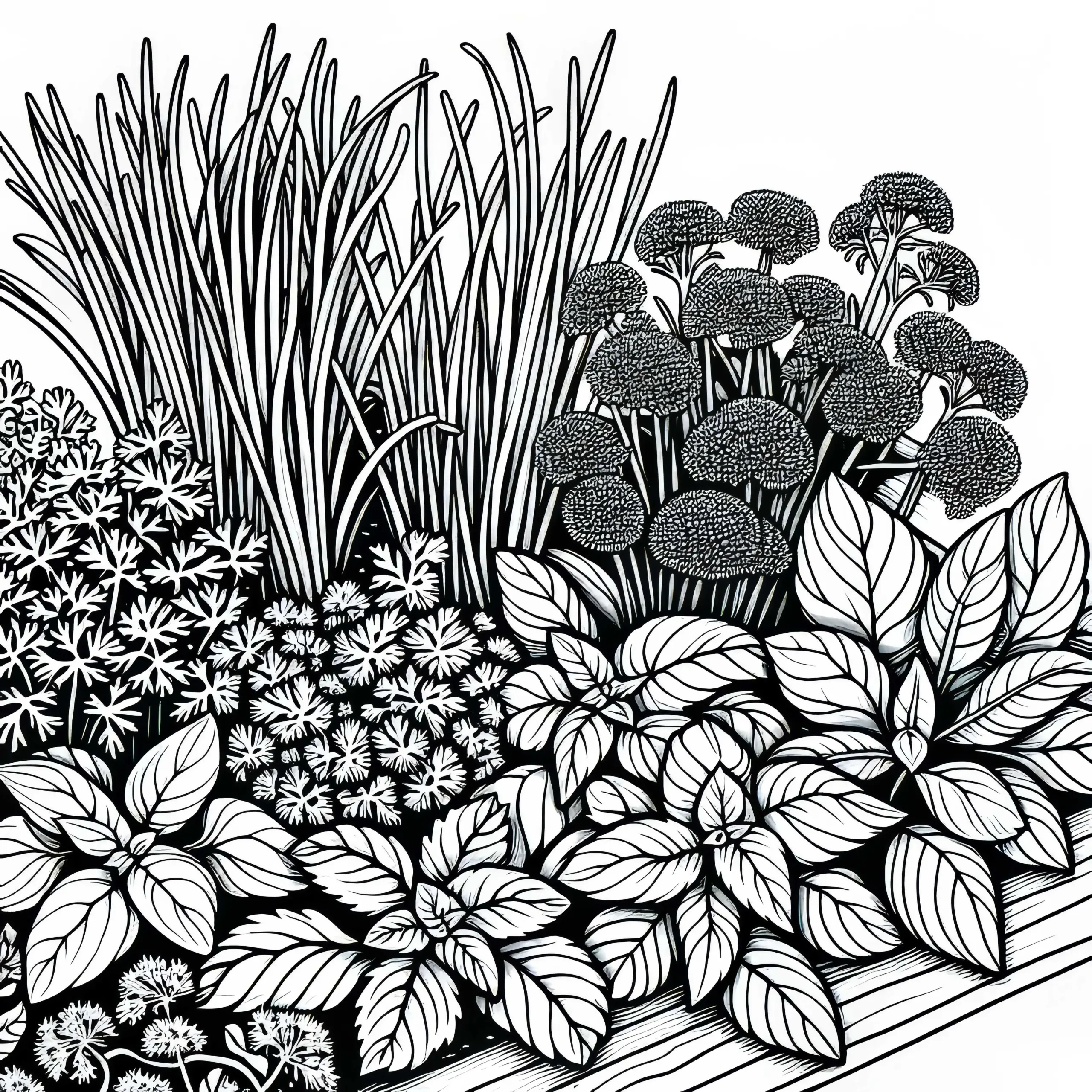 Ausmalbild eines Beets mit Schnittlauch, Petersilie und Basilikum im Kräutergarten – Kostenlos herunterladen