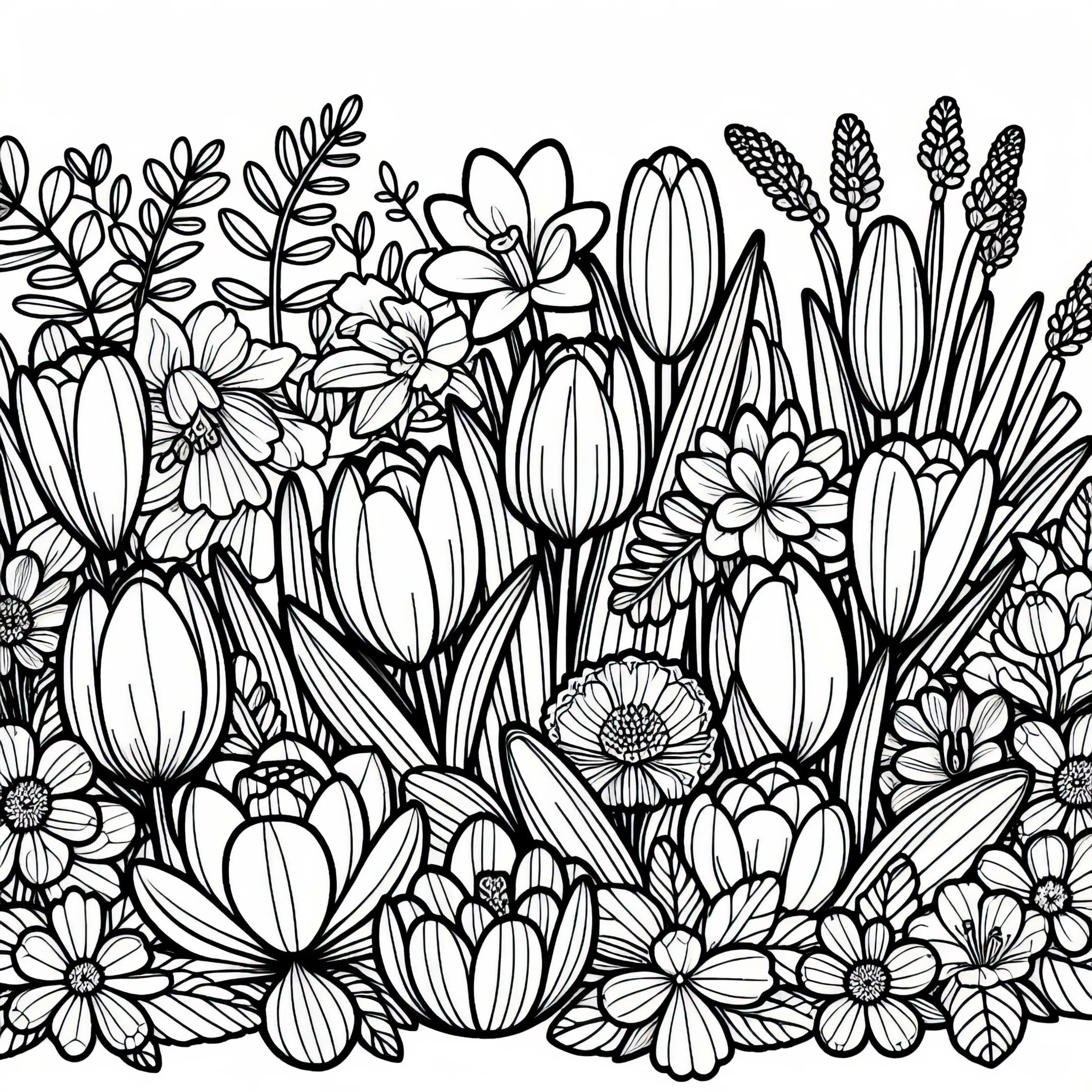 Beet mit Tulpen, Narzissen und Krokussen – Malvorlage für Frühlingsblumen kostenlos (Ausmalbild)