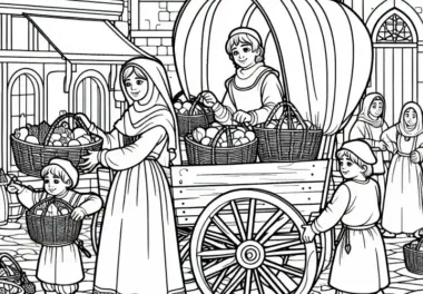 Beim Einladen von Körben auf einen Wagen – Malvorlage Stadtleben Mittelalter gratis