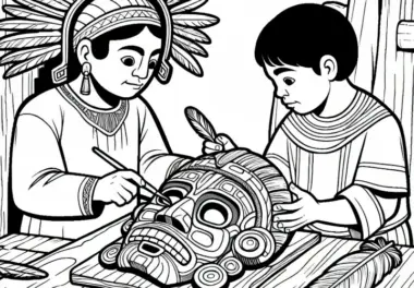 Ausmalbild: Beim Schnitzen einer Maske aus der Zeit der Azteken – Kostenlos
