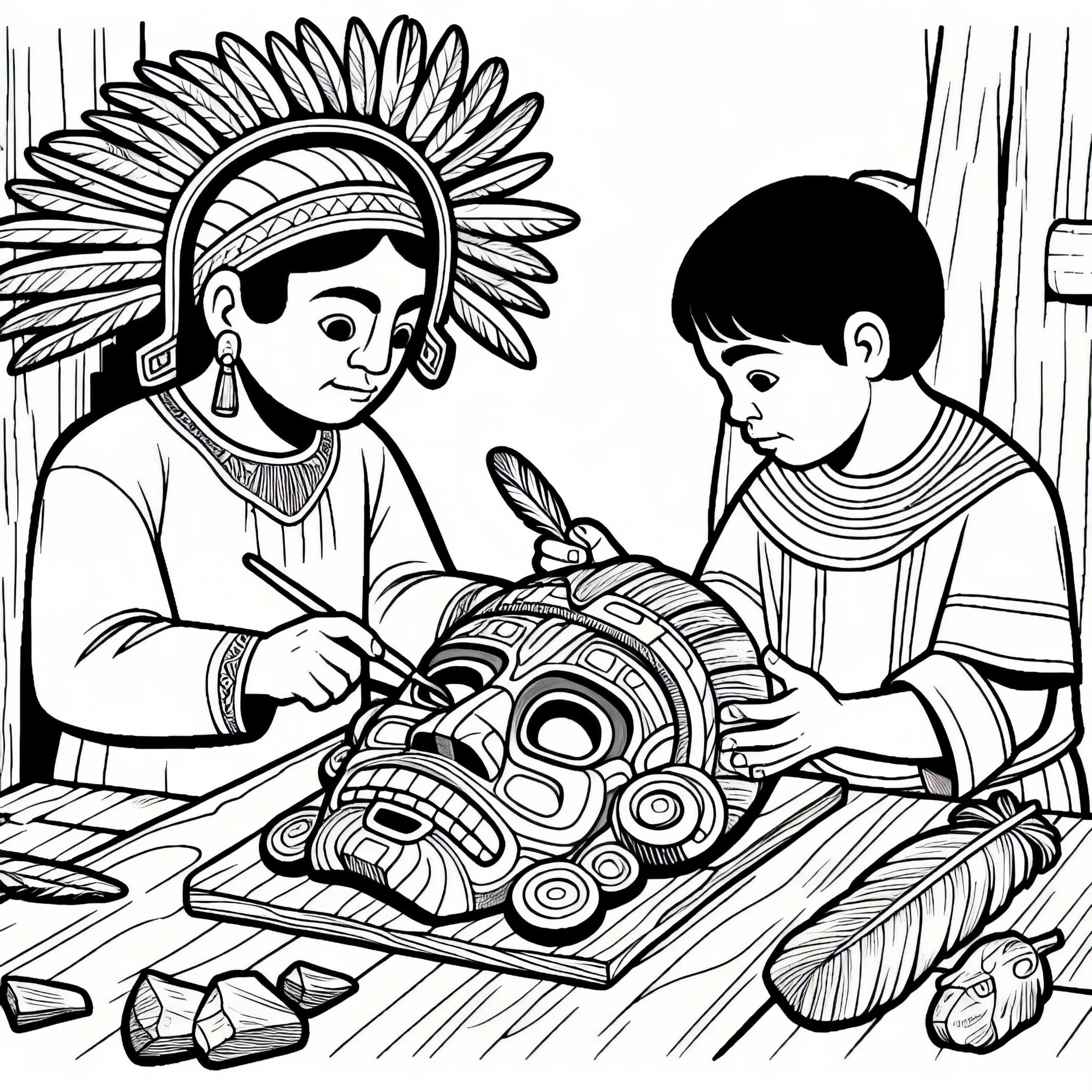 Ausmalbild: Beim Schnitzen einer Maske aus der Zeit der Azteken – Kostenlos
