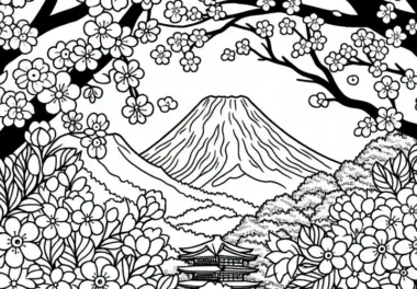 Berg Fuji in Japan mit Kirschblüten im Vordergrund – Ausmalbild aus Asien