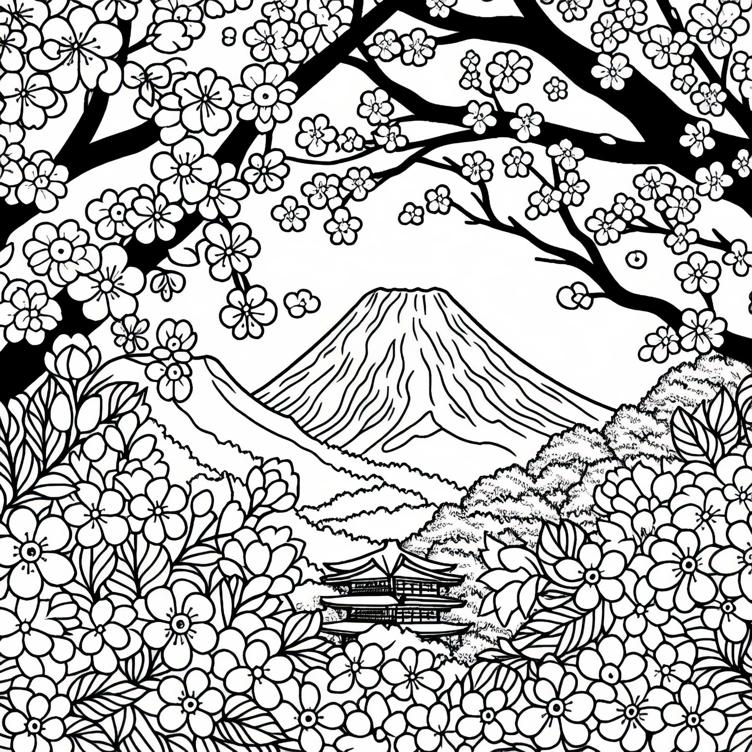 Berg Fuji in Japan mit Kirschblüten im Vordergrund – Ausmalbild aus Asien