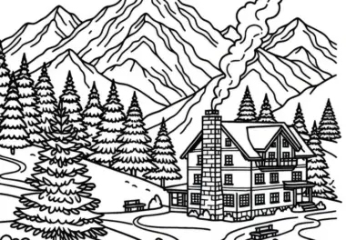 Berghütte mit rauchendem Kamin im Gebirge – Ausmalbild kostenlos