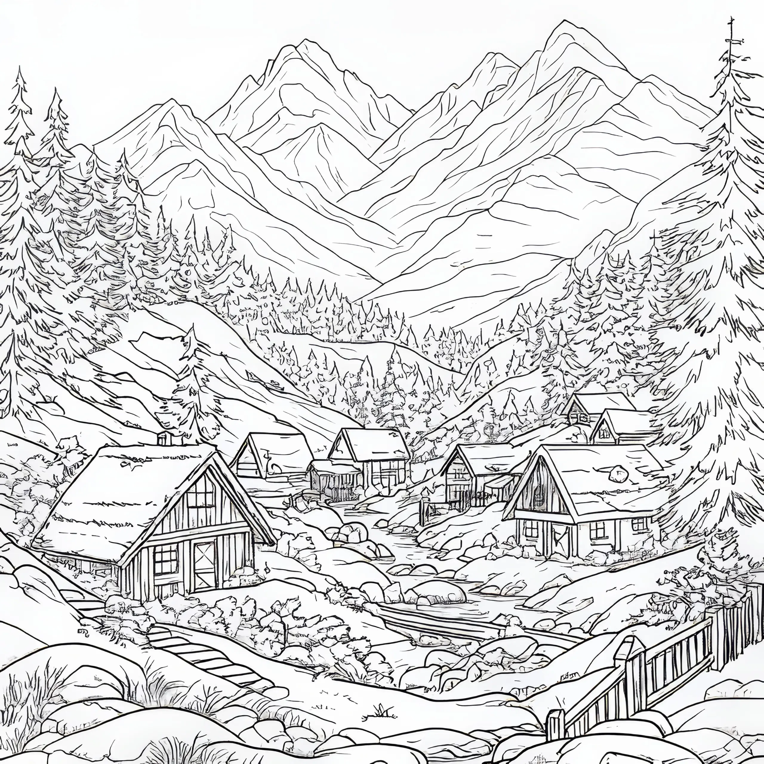 Berglandschaft Wimmelbild zum Ausmalen (Gratis) (Ausmalbild)