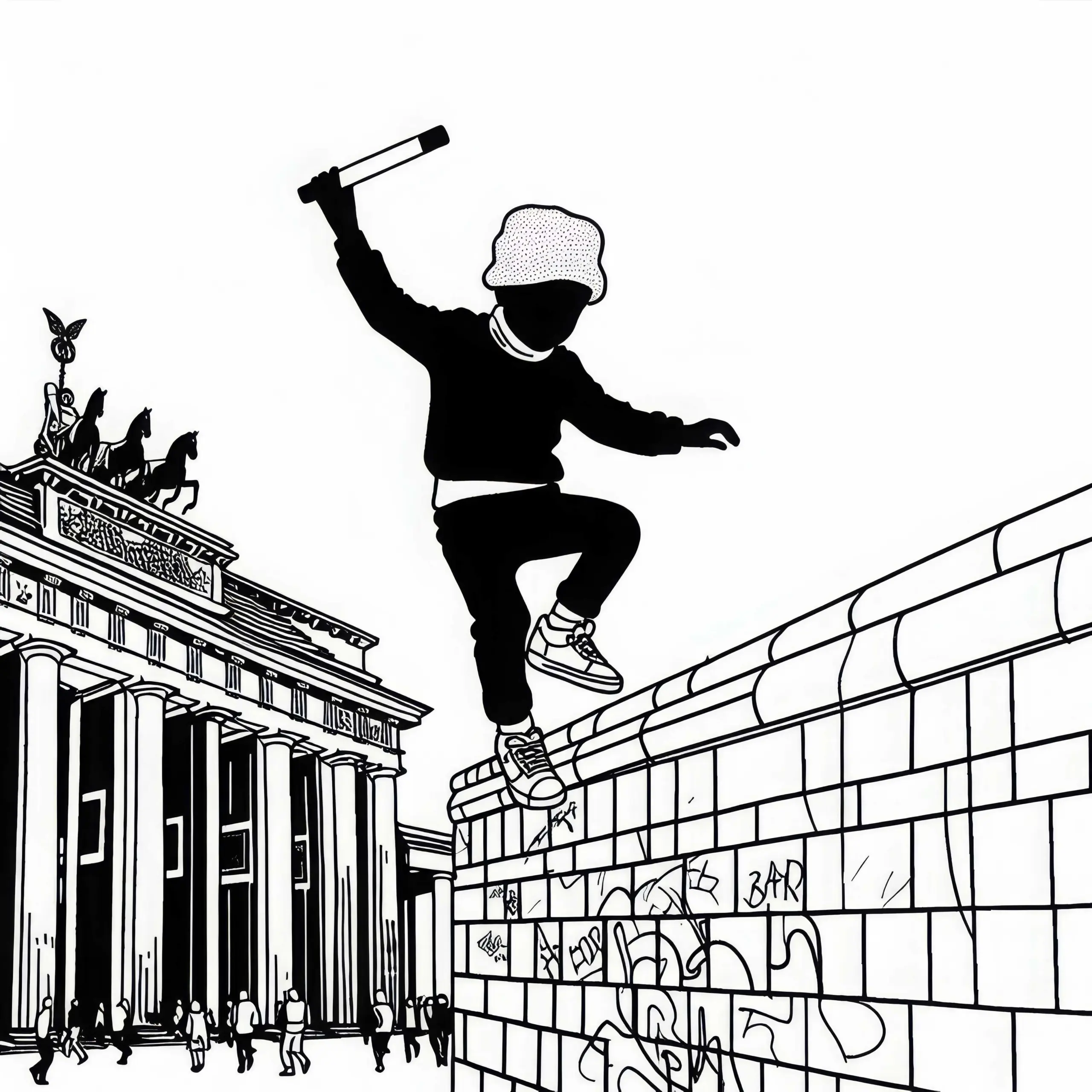 Ein Kind balanciert auf der Mauer der East Side Gallery – kostenlose Malvorlage (Ausmalbild)