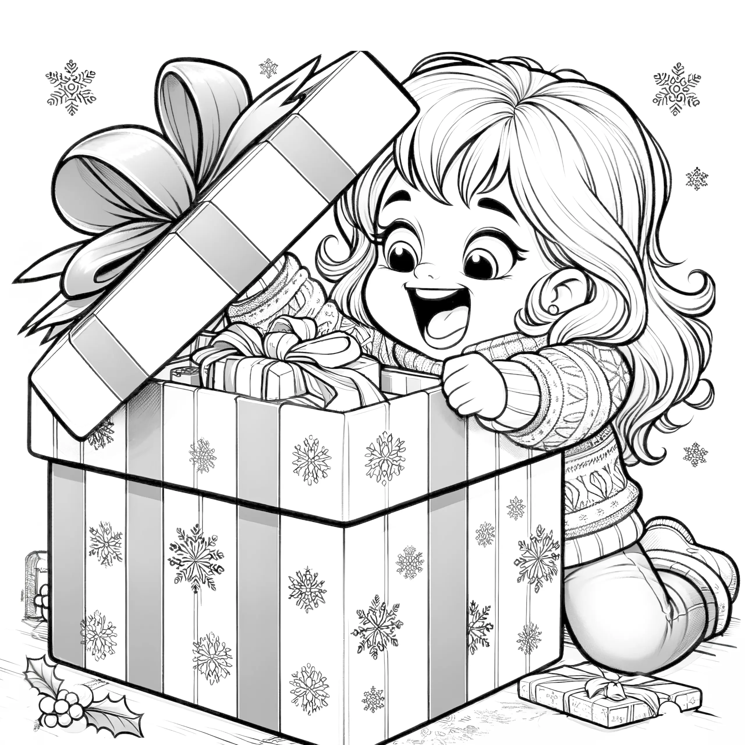 Bescherung: Kind packt Weihnachtsgeschenk aus (Malvorlage) (Ausmalbild)