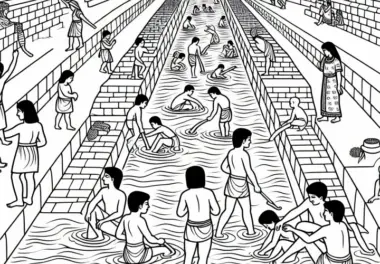 Bewässerungskanäle und Kinder, die mit Wasser spielen – Ausmalbild Mesopotamien gratis
