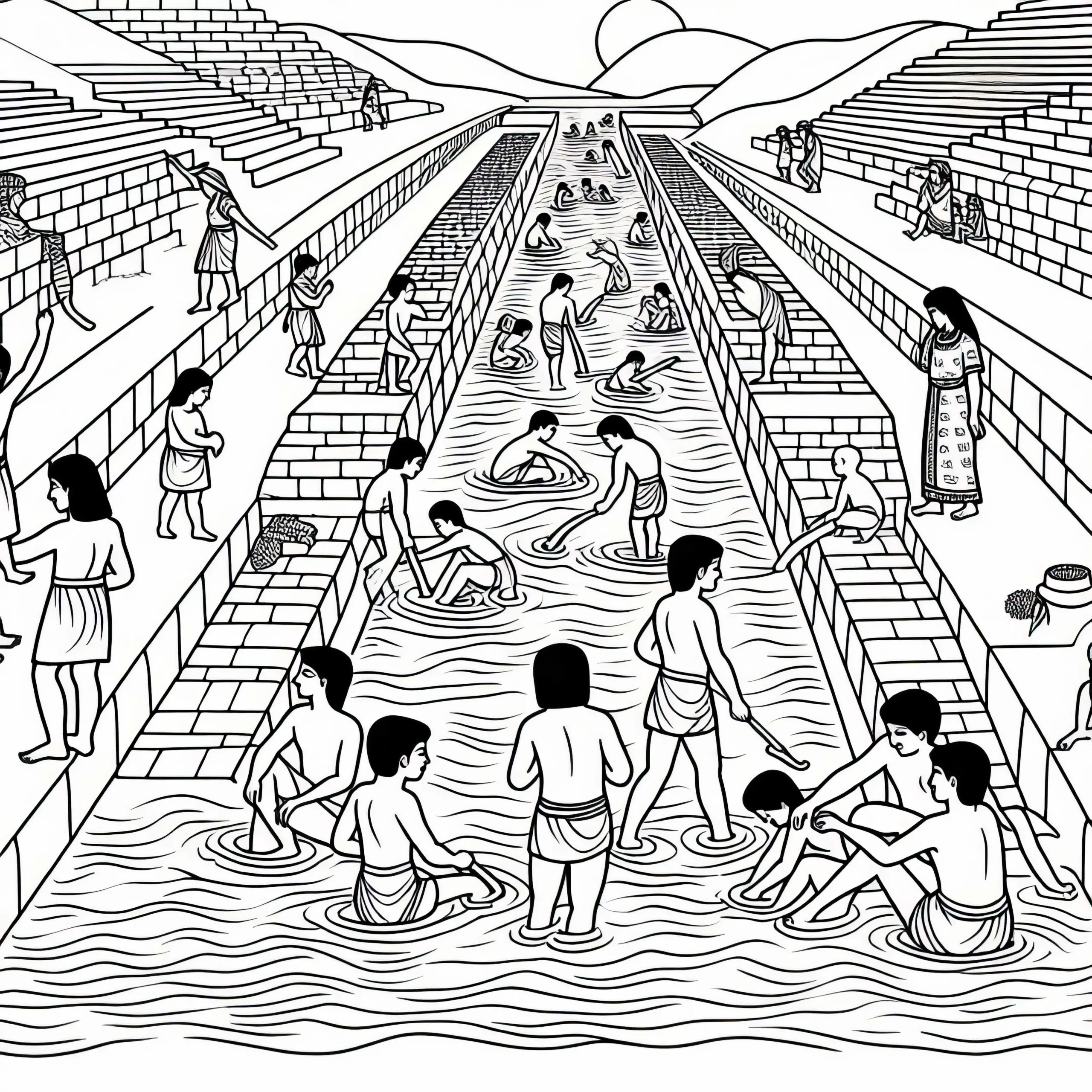 Bewässerungskanäle und Kinder, die mit Wasser spielen – Ausmalbild Mesopotamien gratis
