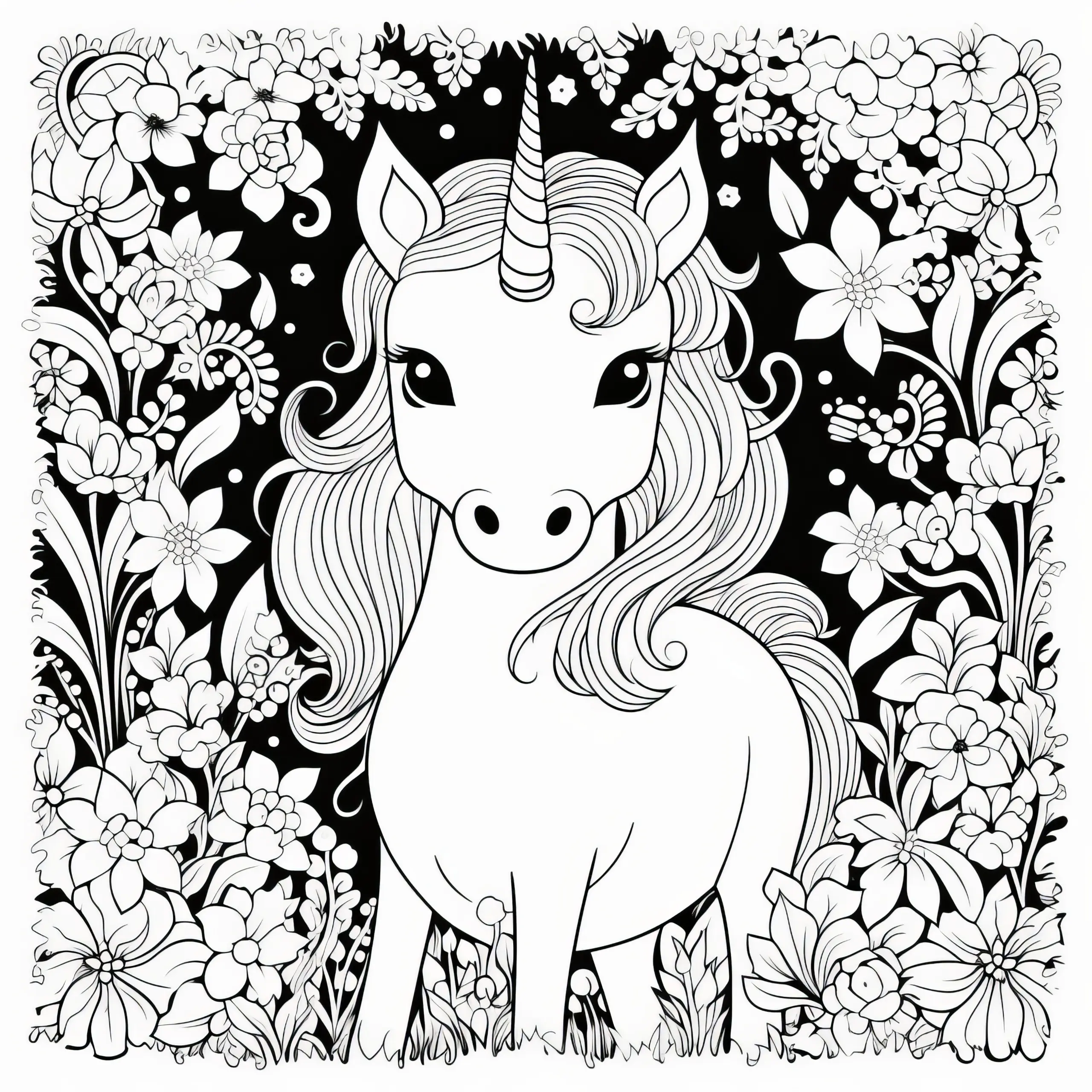 Bezauberndes Einhorn im Blumenrahmen: Bild zum Ausmalbild (Gratis)