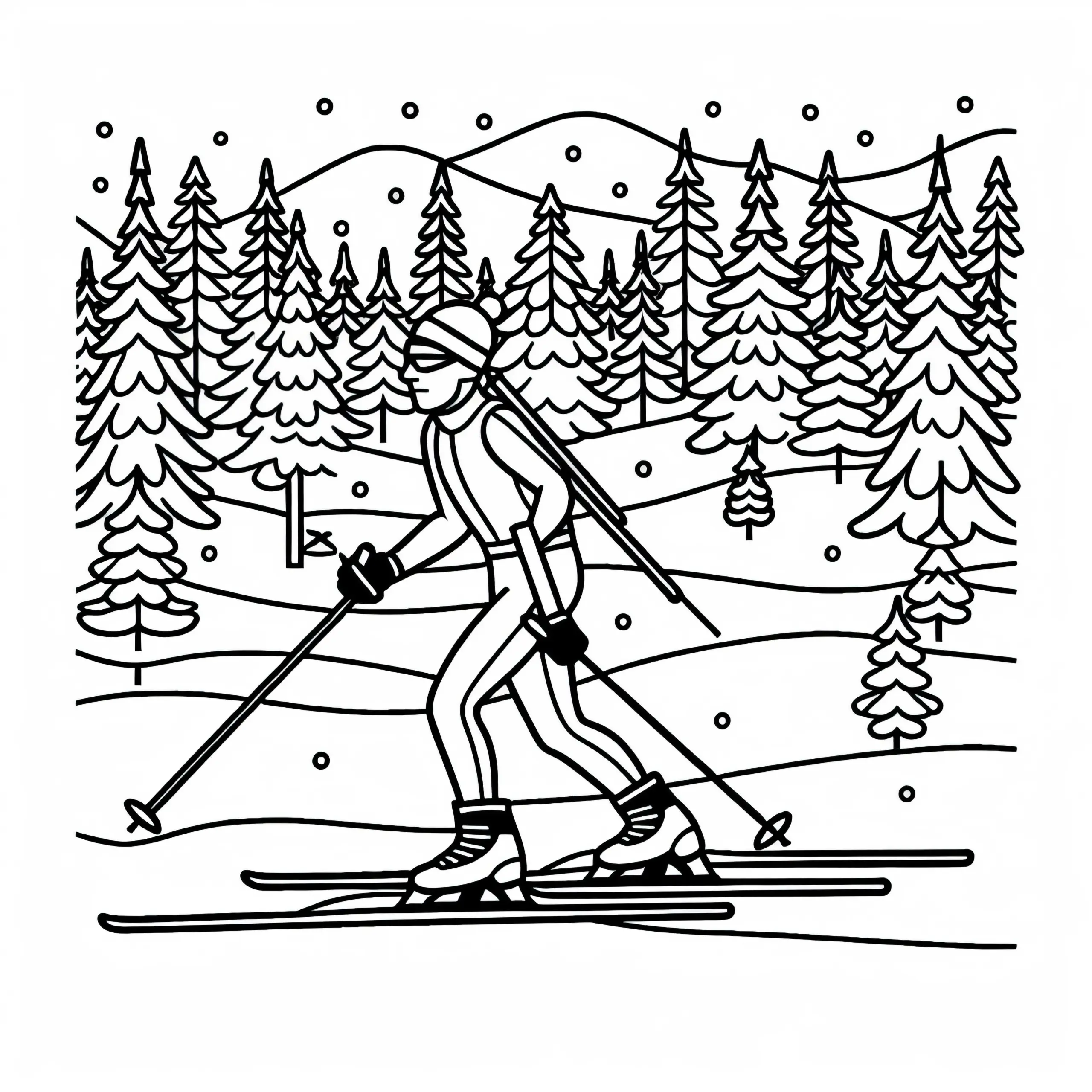 Biathlet läuft mit Skiern durch verschneite Waldlandschaft – Malvorlage kostenlos (Ausmalbild)