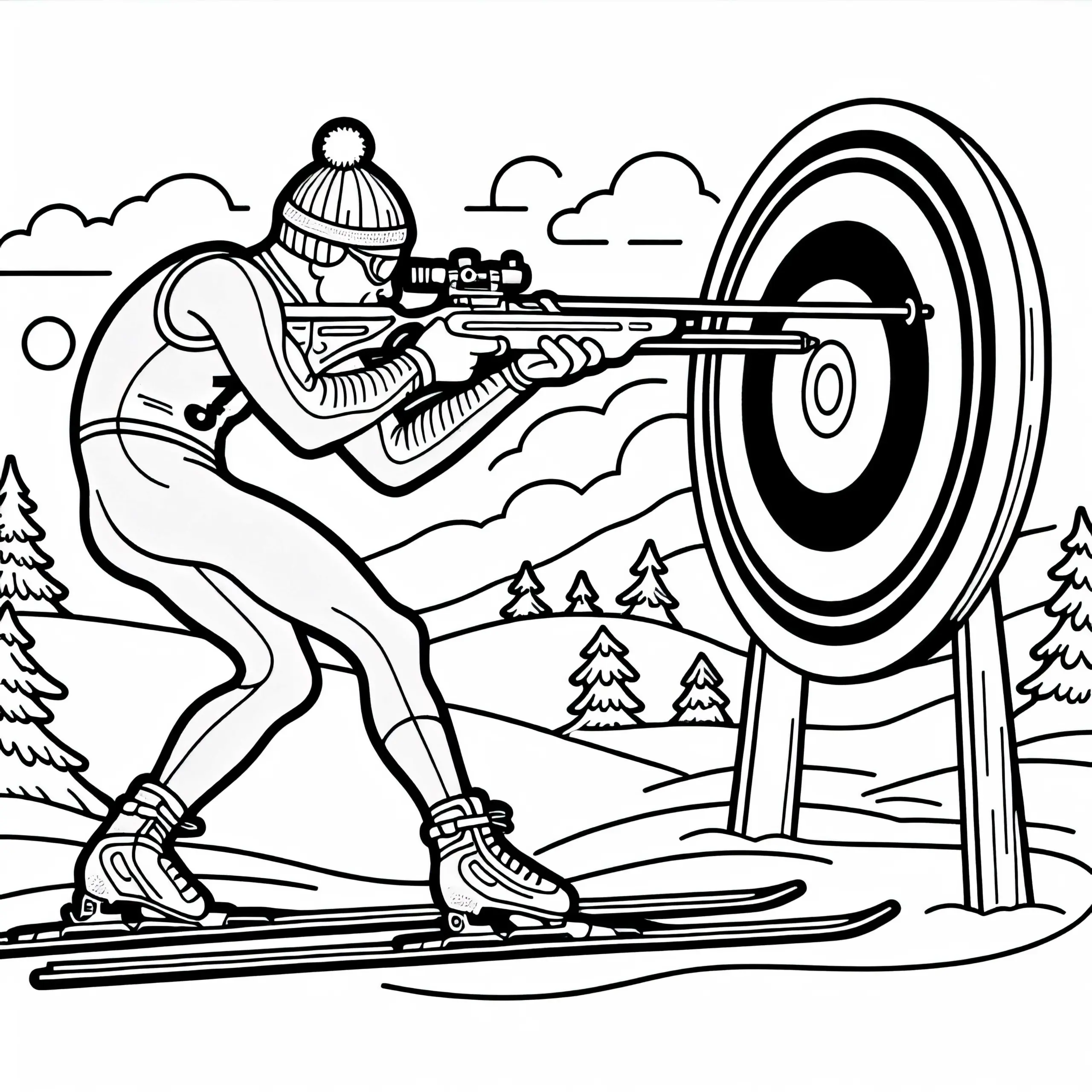 Biathlet Schießt Nach Skilanglaufstrecke Auf Zielscheiben – Malvorlage Einfach Gratis (Ausmalbild)