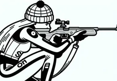 Biathletin zielt konzentriert mit Gewehr auf Zielscheiben – Malvorlage gratis