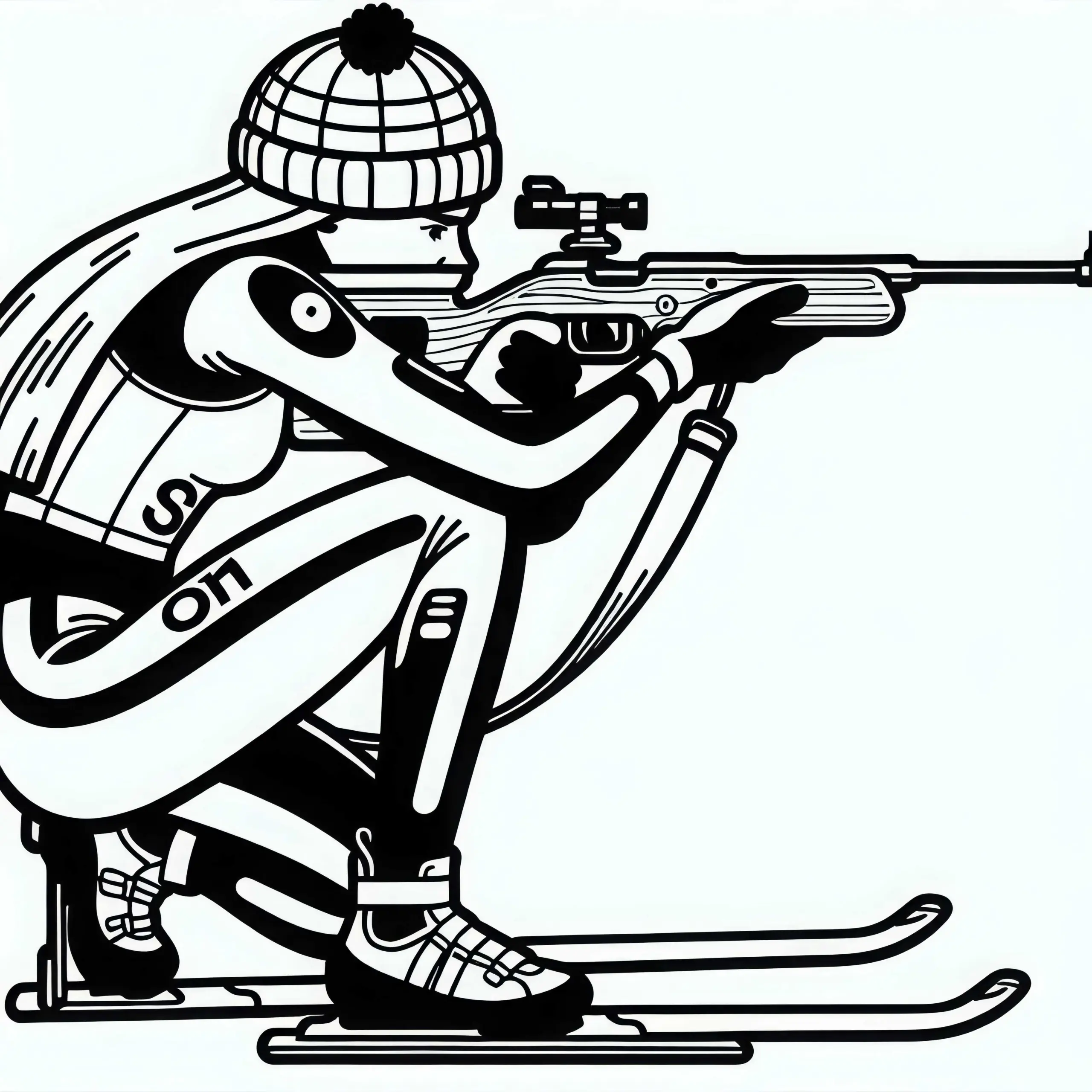 Biathletin zielt konzentriert mit Gewehr auf Zielscheiben – Malvorlage gratis (Ausmalbild)