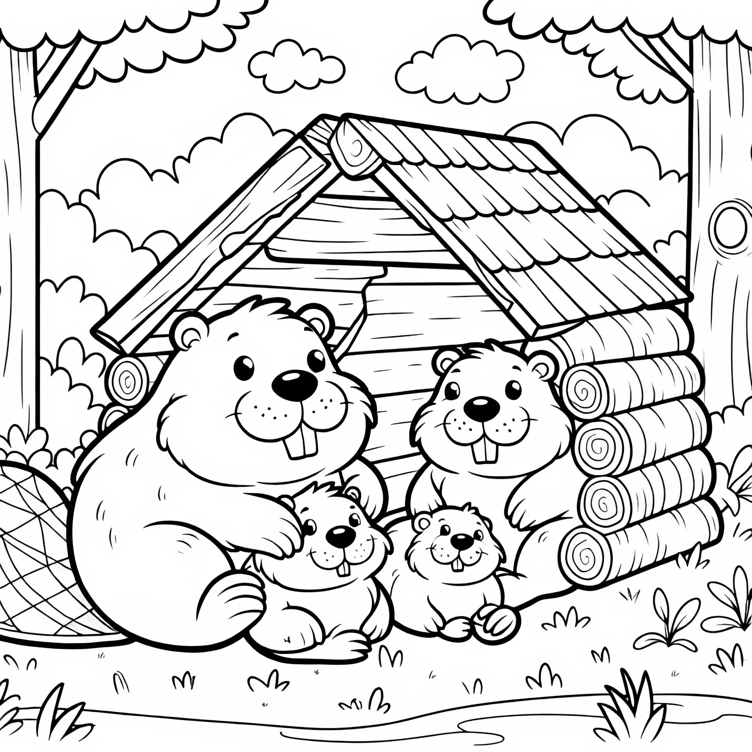 Biberfamilie im Haus: Einfaches Ausmalbild (Gratis)