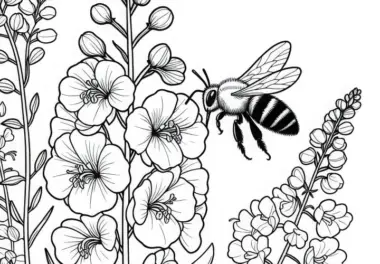 Biene fliegt an Blume Rittersporn entlang – Ausmalbild gratis