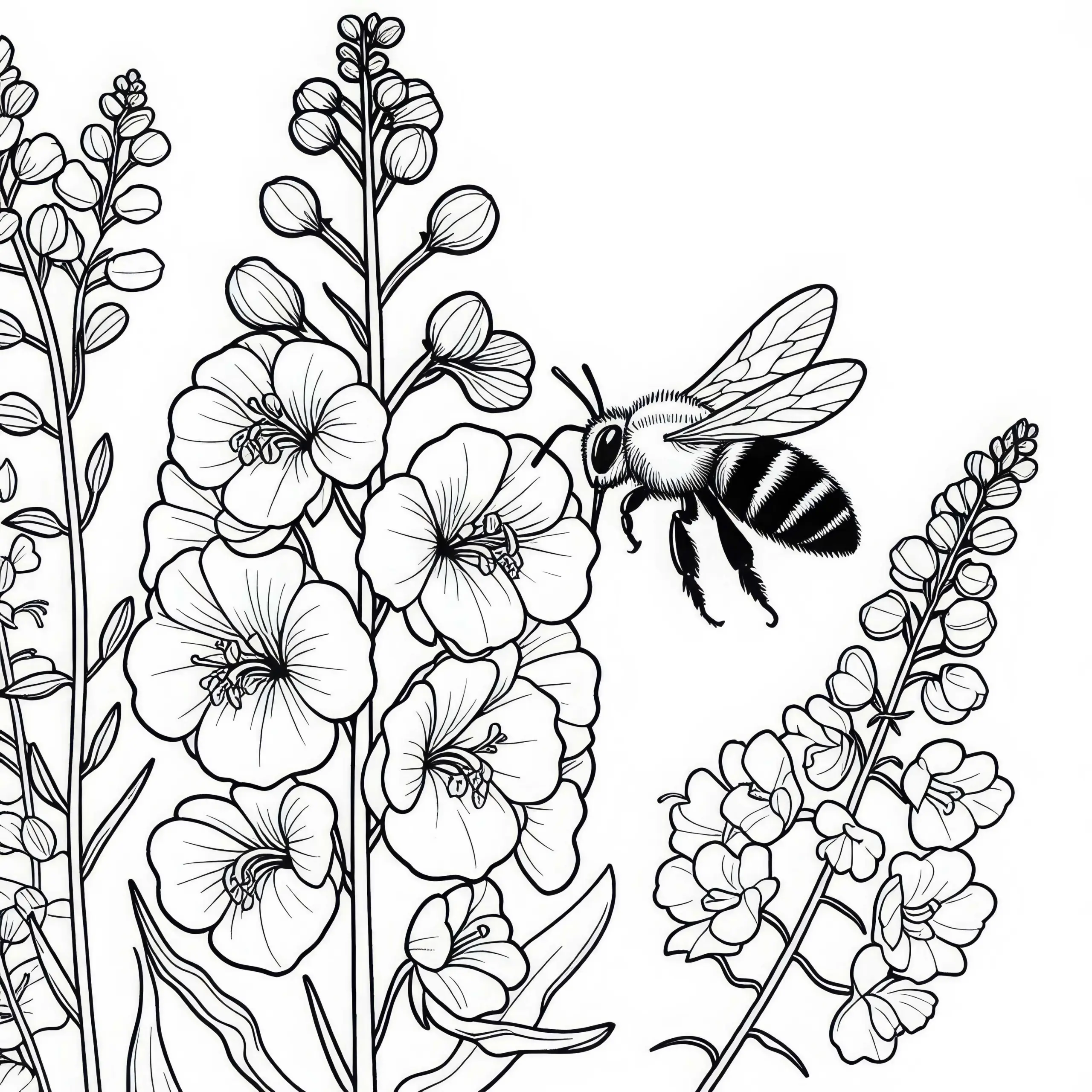 Biene fliegt an Blume Rittersporn entlang – Ausmalbild gratis