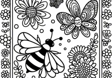 Biene in Rahmen mit Blumenmuster Malvorlage kostenlos