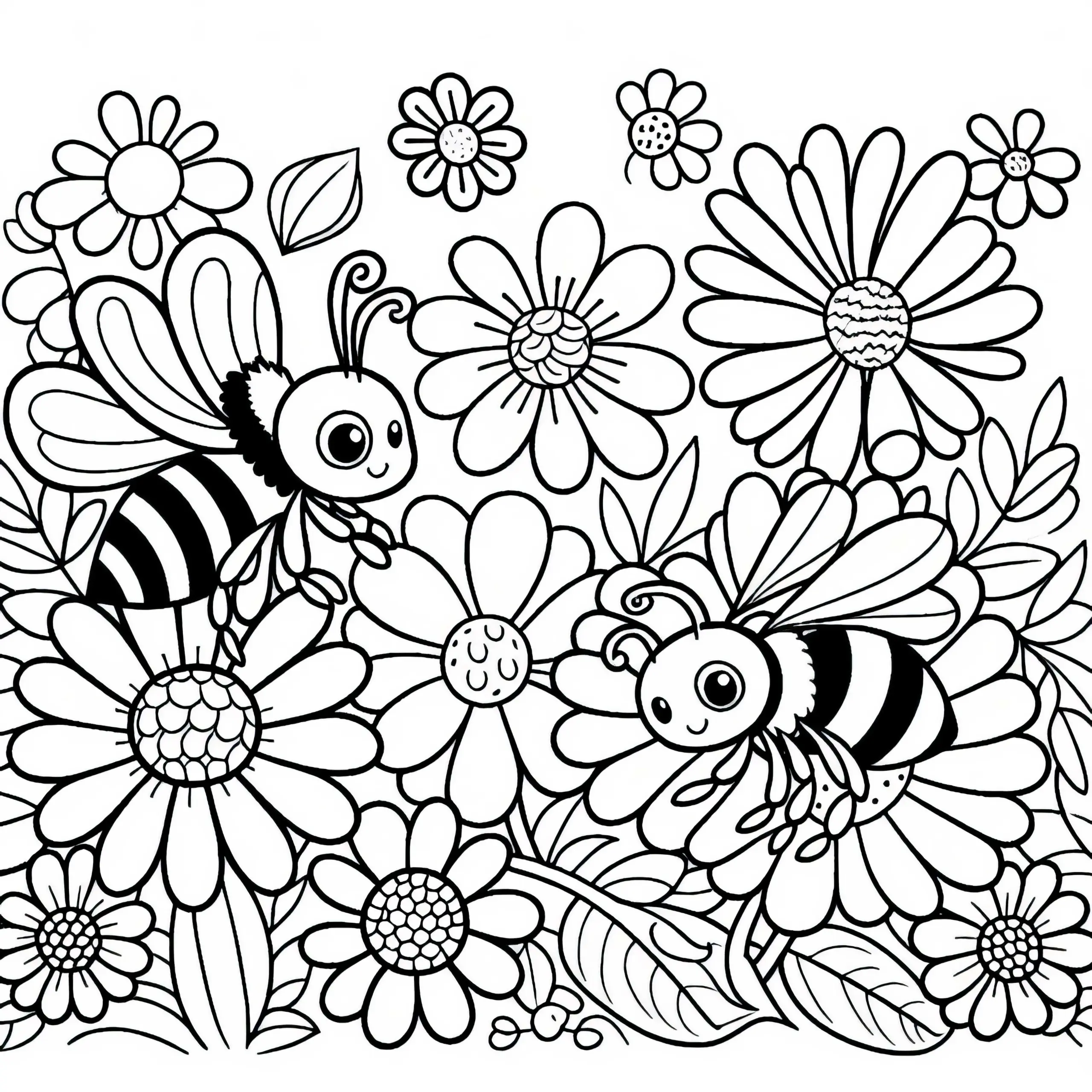 Bienen an Blumen Malvorlage Gratis (Ausmalbild)