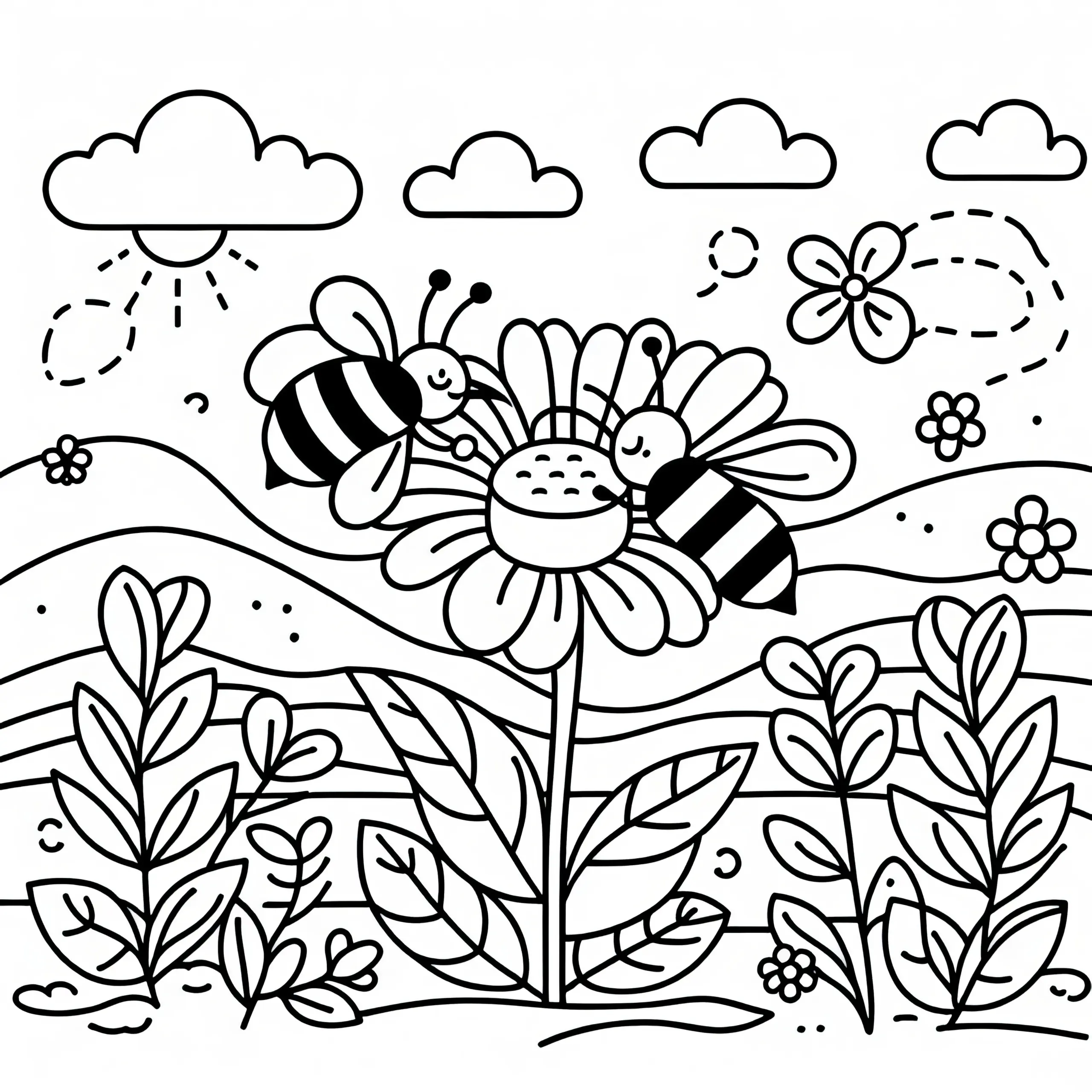 Bienen bestäuben Blume im Mai: Kostenlose Malvorlage (Ausmalbild)