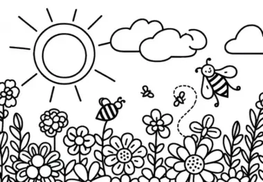 Bienen, Blumen und Sonnenschein – Kostenloses Ausmalbild