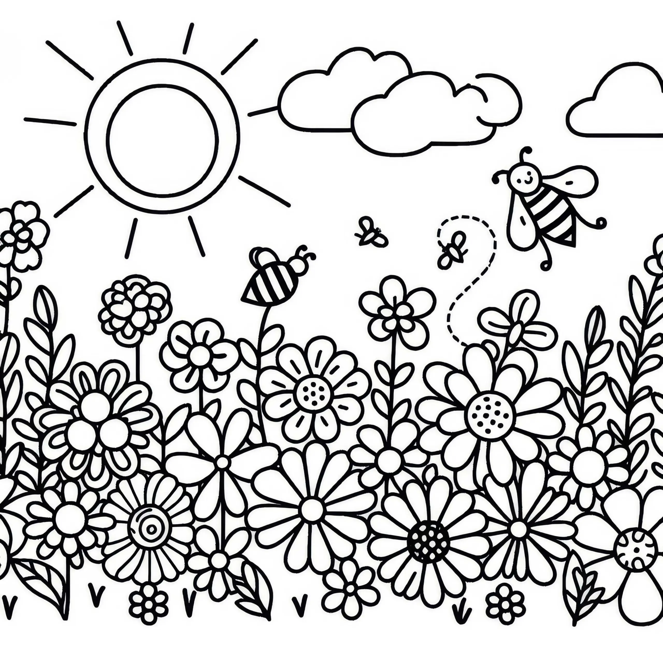 Bienen, Blumen und Sonnenschein – Kostenloses Ausmalbild