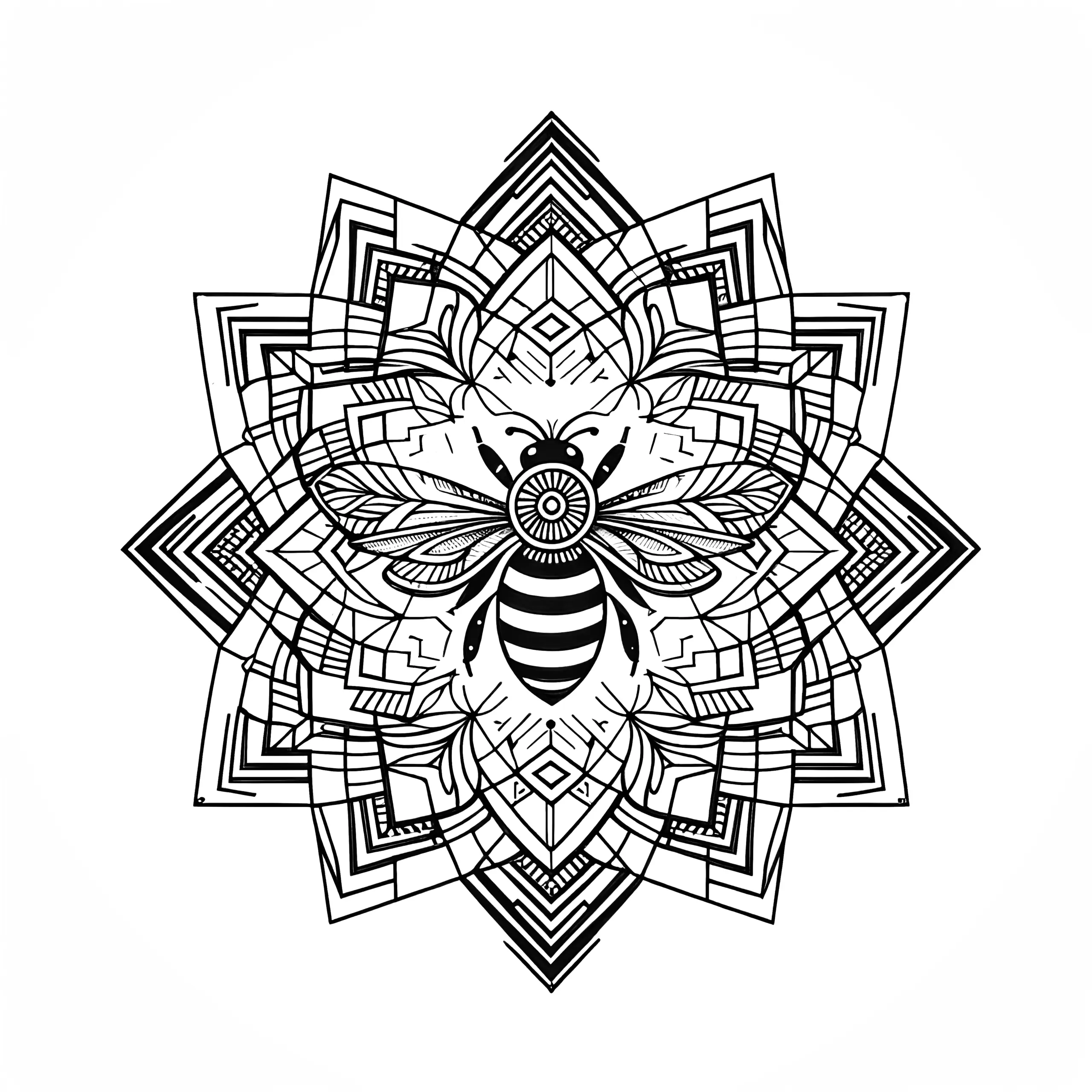Bienen-Mandala in großer Blüte: Ausmalbild