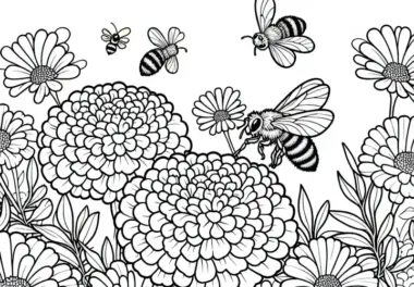 Bienen über Blumen: Tagetes Malvorlage zum Ausmalen und Download