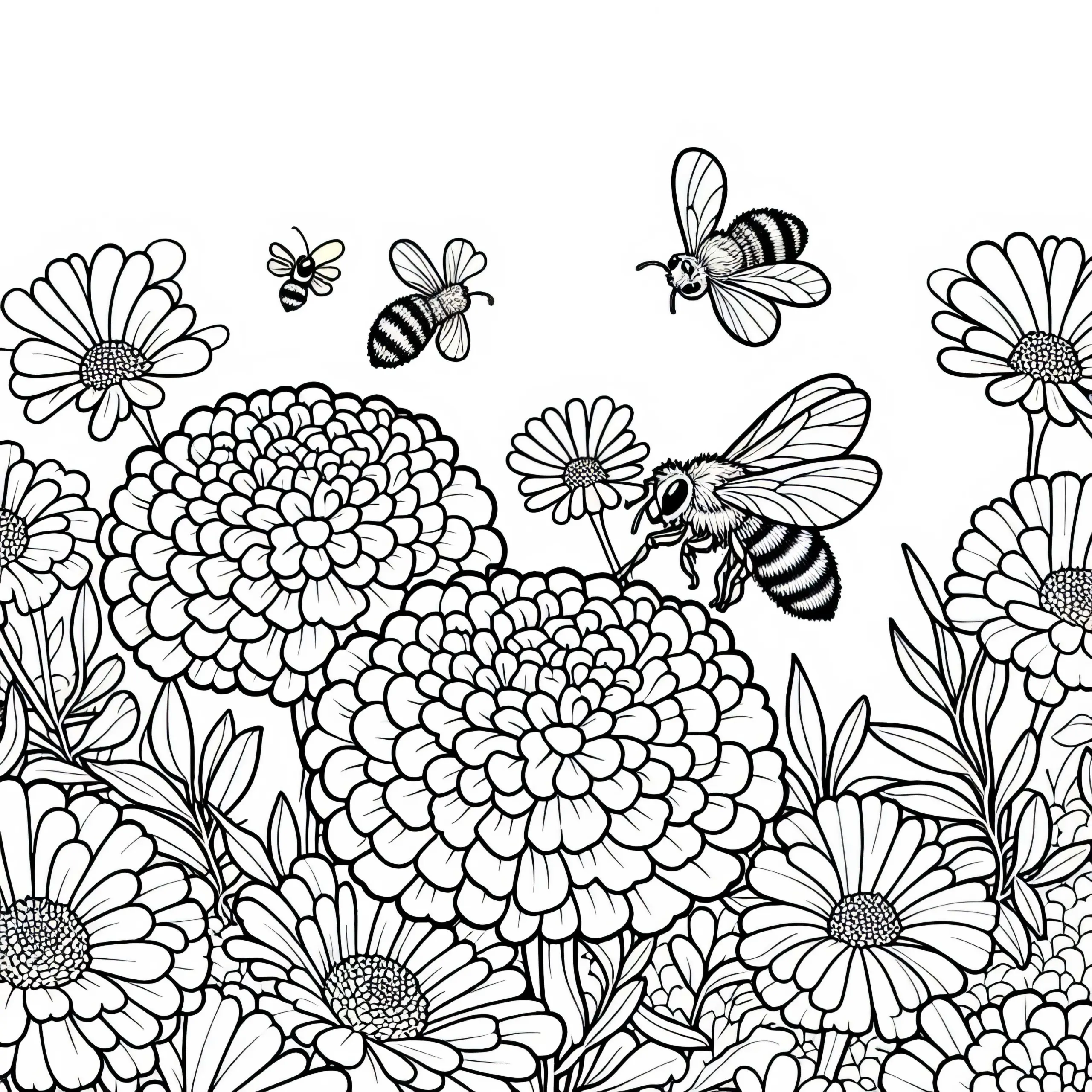 Bienen über Blumen: Tagetes Malvorlage zum Ausmalen und Download (Ausmalbild)